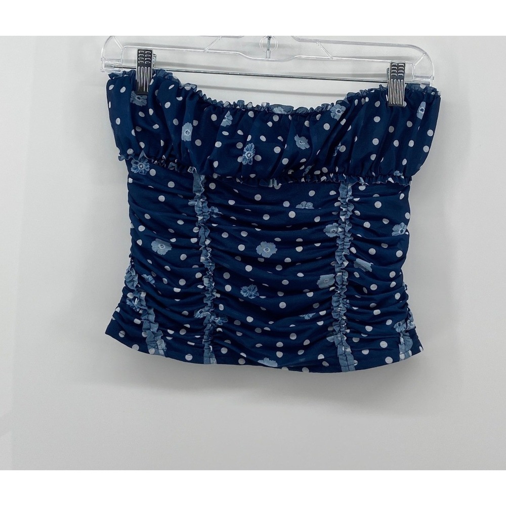Free People Navy Blue Polka Dot Floral Ruched Smocked Tube Top OB2268267 Small